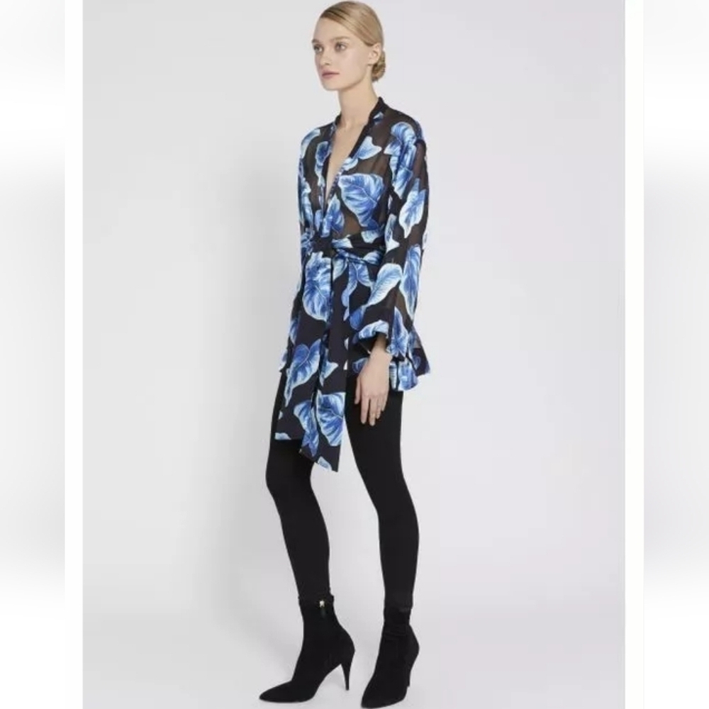 Alice + Olivia Rosario Tie Waist Blue Kimono Silk Blend Top Size Small - Picture 4 of 16